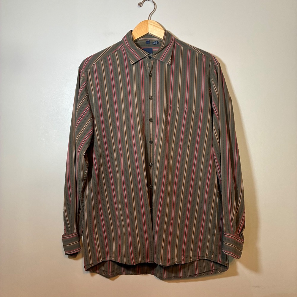 Haupt Germany Mens Large Olive Green Burgundy Striped Long Sleeve Button Down
